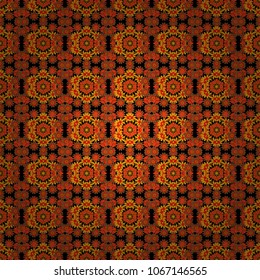 Invitation element. Vector ornamental mandala inspired ethnic art, patterned Indian paisley. Seamless pattern in black, brown and orange colors. Tattoo, astrology, alchemy, boho and magic symbol.