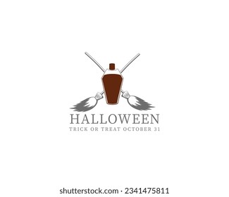 invitation element for your idea. illustration of broomstick and potion bottle in october 31st Halloween celebratory trick or treat.