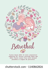 The invitation to the engagement party. Charming vector illustration. Couple in love in a beautiful flower frame of roses, leaves, berries. They show how much they love each other.