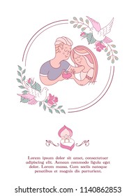 The invitation to the engagement party. Charming vector illustration. Loving couple. They show how much they love each other. Beautiful flower wreath of roses. White dove. Romantic card.