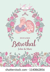 The invitation to the engagement party. Charming vector illustration. Loving couple. They show how much they love each other. Beautiful flower wreath of roses. White dove. Romantic card.