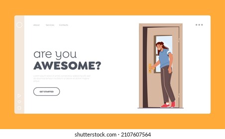 Invitation, Entrance to Home Apartment or Office Landing Page Template. Female Character Opening Door Leaving or Enter House, Girl Stand at Open Doorway, Hiring. Cartoon People Vector Illustration