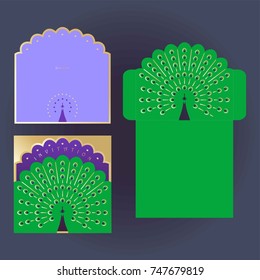 Invitation and envelope with a decorative peacock. Template of envelope for laser cutting. Template of invitation.