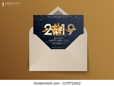 Invitation in the envelope. Happy New Year 2019 winter holiday greeting card design template. Party poster, banner or invitation gold glittering stars confetti glitter decoration. Vector background