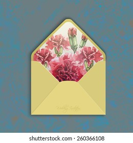 Invitation envelope with watercolor carnation flowers. Open wedding envolope, reverse side. Floral backdrop. Elegance pattern with red flowers. Vintage vector illustration, grunge background, eps 10