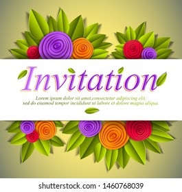 Invitation event card with fresh green leaves and colorful flowers, wedding, anniversary, vector design made in paper cut realistic style.