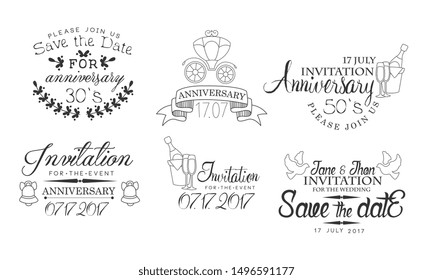 Invitation for the Event Monochrome Badges Set, Wedding, Save the Date, Anniversary Design Element Hand Drawn Vector Illustration