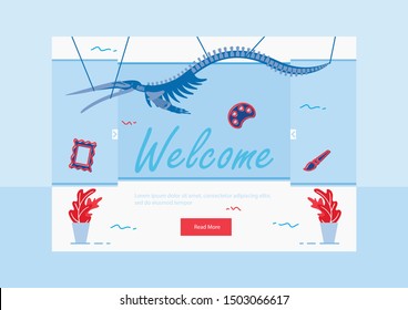 Invitation to Exhibition Landing Page. Pterodactyl in Show Center Flat Cartoon Vector Illustration. Visiting History Museum. Welcome to See Exclusive Exhibits. Skeleton in Anthropological Museum.