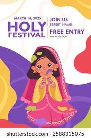 Invitation to the festival of Holi. Colorful printable template for the festival of colors in India with girl in traditional clothes and bright spots. Vector cartoon card