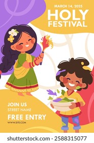 Invitation to the festival of Holi. Colorful printable template for the festival of colors in India with children and bright spots. Vector cartoon card