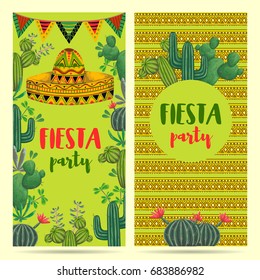 Invitation for fiesta party with sombrero, cacti and ethnic ornament. Hand drawn vector illustration
