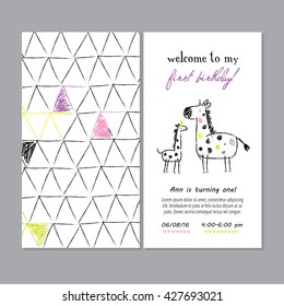 Invitation for the first baby birthday with illustration in child like style