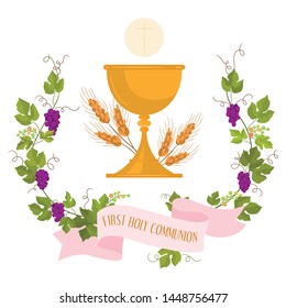 Invitation for First Communion, Cup and host of the Catholic religion.