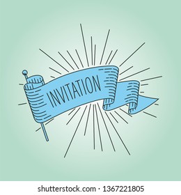 Fahndungsbanner. Die Grußkarte für die Ribbon-Schriftrollen im Vintage-Look mit Worteinladung, Gravierungsstil-Grafik. Retro-Design-Element. Vektorgrafik.