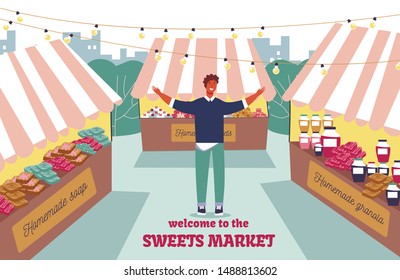Invitation Flat Poster Welcoming to Street Market with Motivation to Visit Lettering. Cartoon Smiling Happy Man with Greeting Gesture Showing Big Assortment in Open Air Fair. Vector Illustration