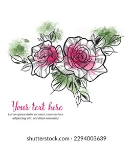 Invitation with flowers, in pink colors, watercolor roses, greeting card on a white background in doodles