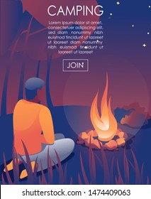 Invitation Flyer Advertising Camping in Forest at Night. Cartoon Afro American Man Sitting at Bonfire. Guy Rest and Relax Looking on Flame. Nature Scene. Place for Promotion Text. Vector Illustration