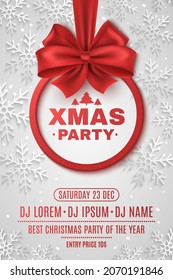 Invitation flyer for big Christmas party. Realistic red bow with label. Event date and DJ names. Xmas disco poster. Background of paper snowflakes. Vector