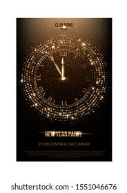 Invitation flyer join to celebration new year and christmas eve party in night club. Place for company logo and editable event date. Shiny bright clock in disco ball design. Vector illustration