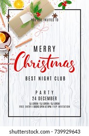 Invitation Flyer to Merry Christmas Party. Top view on Festive Decoration. Holiday Composition with Gift Box and Confetti on Wooden Texture. Greeting Card with Lettering. Vector Illustration.