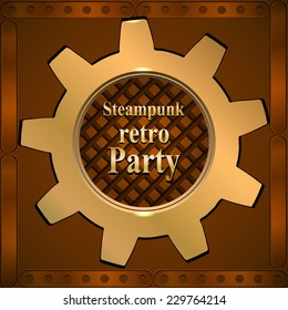 Invitation Flyer On Retro Steampunk Party In Brown Tones. Golden Gear. Vector Illustration