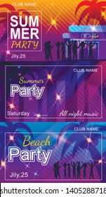 Invitation Flyer Set for Summer Party on Beach or in Nightclub. Vector Illustration with Happy Dancing People Silhouette, Palms, Bright Stars. Advertisement with Editable Club Name and Event Date