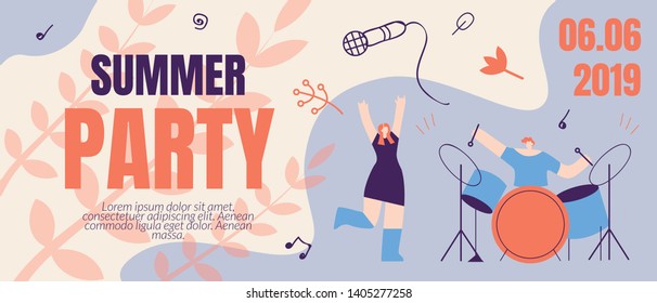 Invitation Flyer Summer Party Banner. Order Ticket to Party Online. Annual Musical Festival Event Summer. Man Plays Guitar, Beautiful Girls Dance and Have Fun. Vector Illustration Flat Disco.