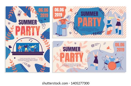 Invitation Flyer Summer Party Banner. Order Ticket to Party Online. Annual Musical Festival Event Summer. Man Plays Guitar, Beautiful Girls Dance and Have Fun. Vector Illustration Flat.