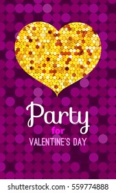 Invitation flyer for Valentine's Day. Night party card. Shining Golden heart isolated on a pink background. Vector illustration