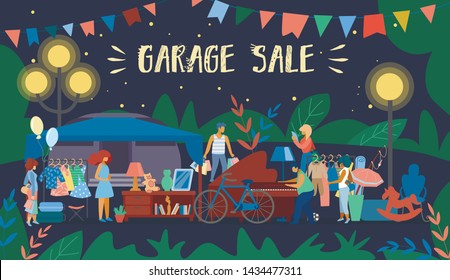 Invitation Flyer is Written Garage Sale Cartoon. Retro Poster Night Sale Second Things and Furniture Near Garage. Flat Banner Man Examines Piano. Woman Buys Things. Vector Illustration.