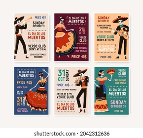 Invitation flyers for Mexican Day of Dead, translation of El Dia de Los Muertos. Posters set for Death holiday party in Mexico. Template designs of ads placards. Colored flat vector illustrations