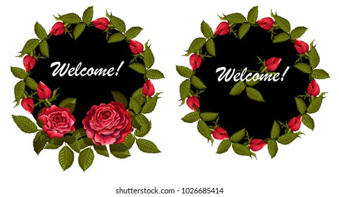 Invitation in the form of a circle with a design of roses and leaves.