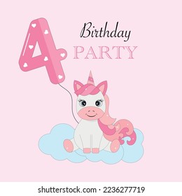 An invitation to the fourth birthday. A unicorn with pink hair.