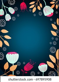 Invitation frame, blue leaf and red background
