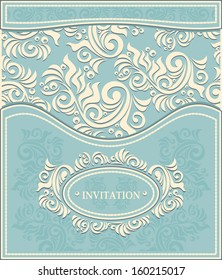 Invitation or Frame in Decorative floral background in pastel blue colors in antique style 