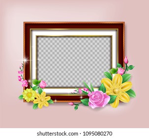invitation frame flower photo vector, golden royal wood frame