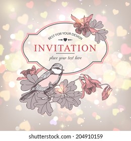 Invitation frame with hand drawn flowers and bird over shining background.
