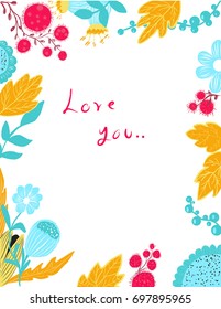 Invitation frame, leaf and flower abstract pattern with blue background.