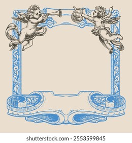 Invitation frame with two angels, illustration in medieval engraving style