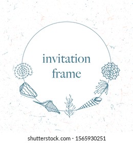 Invitation frame for wedding, party, banners; room decoration illustration.Vector pattern with seashells and seaweed. wild nature. 