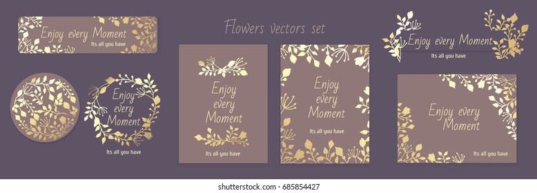 Invitation Gala Pattern Gold Flowers Vectors Set Card, Background, Design, Celebration, Wedding.