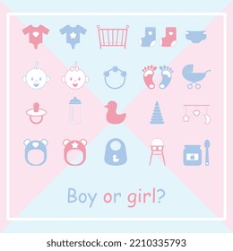 invitation to a gender party, made in pink and blue with linear icons in the form of baby care items