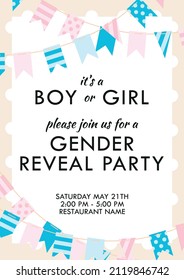 An invitation to a gender party, we will have a boy or a girl. Cute, delicate design, pink, blue, beige. Garland with flags with different designs. Convenient format for printing and mailing.