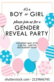 An invitation to a gender party, we will have a boy or a girl. Cute, delicate design, pink, blue, beige. Balloons with different designs. Convenient format for printing and mailing.