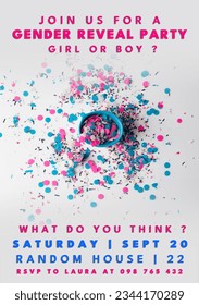 Invitation to a gender reveal party, with blue and pink confetti