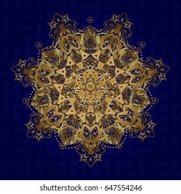 Invitation with gloden mandala. Vector pattern for wedding card illustration. Vintage decorative element on a blue background.