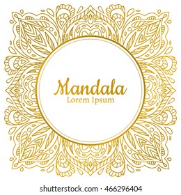 Invitation with gold hand drawn mandala pattern. wedding card with abstract floral illustration. Vintage decorative element.