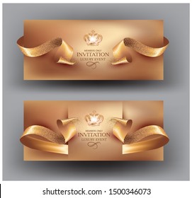 Invitation golden cards with curly cut ribbons. Vector illustration