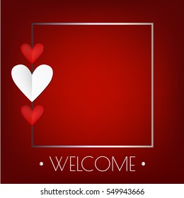 Invitation with golden frame and hearts. Vector image. Love symbol. Valentine's Day sign, emblem isolated on black background with shadows