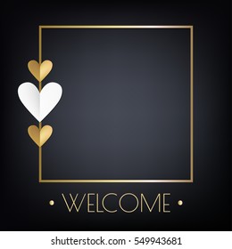 Invitation with golden frame and hearts. Vector image. Love symbol. Valentine's Day sign, emblem isolated on black background with shadows.